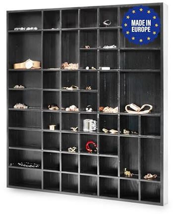 Pinus Setzkasten Holz 52x4x46 cm 51 Fächer Sammlervitrine Schwarz | Kiefernholz, für Figuren Fotos Sammlungen, schmale Tiefe 4 cm, Regal Wandaufbewahrung, strukturierte Fächer