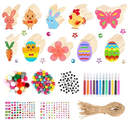 Deepton Ostern Basteln Kinder, 264 Stück Holzanhänger Ostern Zum Bemalen, DIY Ostern Anhänger Holz, Ostereier zum Bemalen, mit Aquarellstiften, Glöckchen, Strasssteinen, Augen, Pompons und Schnur