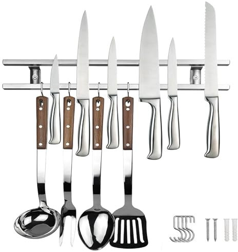 WwuHua Magnetleiste Messer，40cm Messerhalter Magnetisch，Doppelte Reihen von Messerhalter, Messerleiste Magnetisch mit 4 Haken，Knife Holder für Küchen, Garagen, Büros