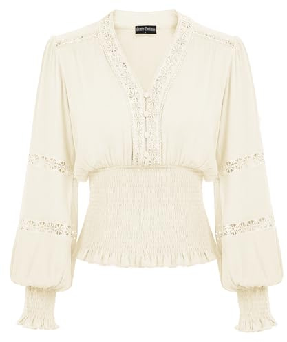 SCARLET DARKNESS Women Renaissance Tops Lace V Neck Lantern Sleeve Smocked Blouse