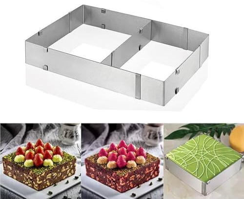 Hcirjhie 10 Reach 20 Inch Rectangle Cake Mold, Adjustable Square Cake Ring Cake Cutter Baking Mold for Tiramisu, Mousse, Bread, Pastry Dessert, Birthday Cake, Stainless Steel