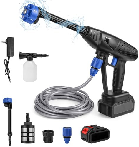 Pulitore ad alta pressione sulla batteria, 3,5 l/min, pulitore ad alta pressione senza fili, portatile, con tubo di 5 m, per auto, terrazza, finestra, prato, animale (1 batteria)