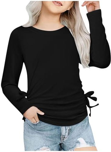 Blouse Manche Longue Enfant Fille 3-14 Ans Col Rond Tunique Ado Fille Chic et élégant Pas Cher Mignon Confortable Leger Casual Jogging Vacances Tee Shirt Chemisier (Black, 13-14 Years)