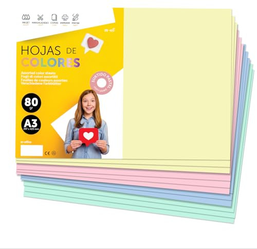 Fogli Colorati A3 80g per Stampanti e Lavoretti Manuali, Blocco di Carta Colorata Assortita per Bambini, Pacchetto di Fogli Colorati per Biglietti M-Office (100 fogli, Selezione Pastello)
