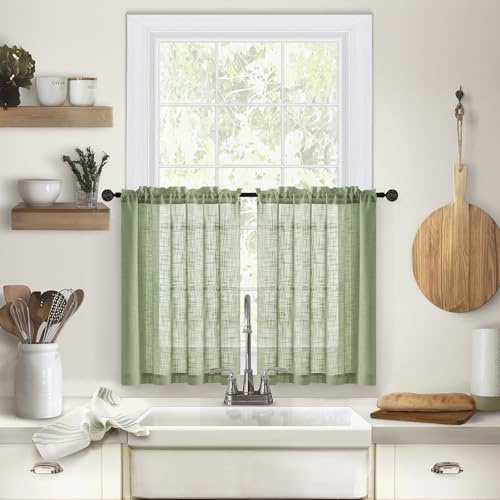Tolldek Köksgardiner ljusgrön, enfärgad fönstergardin voile 2 st med hällor för gardinstång polyester, halvtransparent voile-gardin för kök vardagsrum, H 63 x B63,5 cm