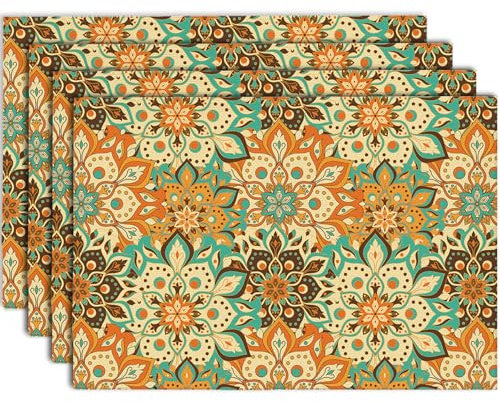 Boho Vintage Mandala Platzsets 4er Set, Leinen Geometrie Marokkanisch Tischsets Waschbar Platzdeckchen Dekor für Küche, Restaurant, Bauernhaus, Urlaub, Party, Bankett, Grün 30x45cm