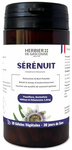 SÉRÉNUIT | Mélatonine Hautement Dosée 1,8mg + 3 plantes BIO | Passiflore Mélisse Escholtzia | Sommeil & relaxation | 1 mois | 30 gélules | 100% naturel | HERBIER DE GASCOGNE | Herboriste depuis 1985