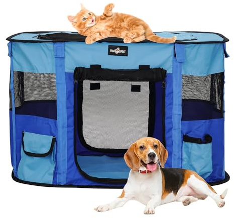VIOREMOS Foldable Pet Playpen,Cat Dog Playpen,Portable Dog Cage soft Portable Exercise Kennel Tent,Puppy Pen Indoors/Outdoors Pet Tent Fence(Blue-L)