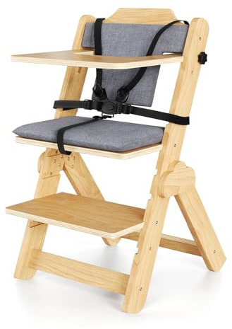 Niktulo Kinderhochstuhl-Set mit Sitzkissen, einstellbarer und zusammenklappbarer Baby-Essstuhl für Säuglinge ab 6 Monaten bis zu 25 kg mit Fünf-Punkt-Sicherheitsgurt und Essbrett, Holz