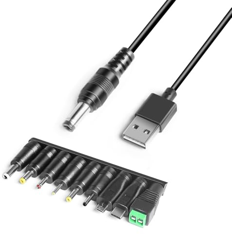 HKY Cavo di Alimentazione da USB a DC 5V per JBL Charge 1 2 3, Flip 2 3 4, TV Box, Philips Hue Hub, Powerbanks,Router, LED,Musicman Cavo di Ricarica Universale DC 5,5x2,1mm con 9 Connettori Adattatori