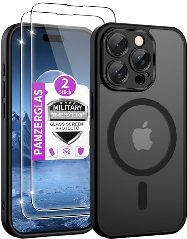 Jshru Handyhülle für iPhone 15 Pro Max Hülle mit 2 Stück Panzerglas Kompatibel mit Magsafe,Dünn Magnetisch iPhone 15Pro Max Case Militärschutz Stoßfest Schutzhülle Matt Cover für 15Pro Max,Schwarz