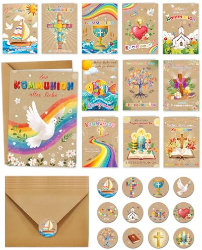 12 Kommunionskarten mit Umschlag Aufkleber, Kraftpapier Erstkommunion Karte Kommunionkarten Glückwunsch, Klappkarten Karte Kommunion Mädchen Junge