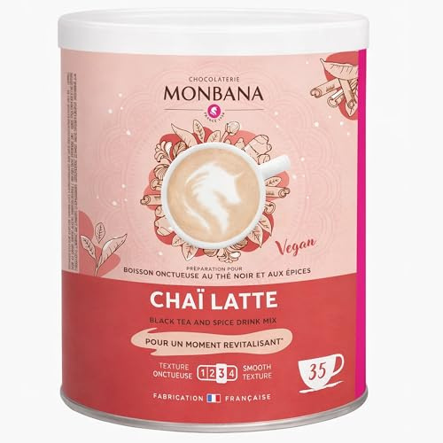 MONBANA Chai Latte Vegan 350 g – Préparation Instantanée au Thé Noir et Épices – Boisson Chaude ou Glacée – Cannelle, Cardamome, Gingembre et Girofle – Recette Gourmande