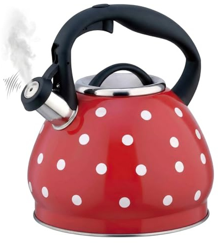 Bouilloire à thé sifflante pour cuisinière Bouilloire à thé en acier inoxydable de 3, 2 litres Théière pois avec poignée ergonomique Cool Touch Rouge