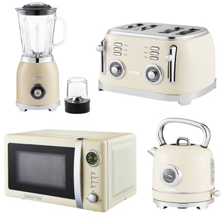 GEEPAS Retrovive 1.8L Electric Kettle, 4 Slice Bread Toaster, 2-in-1 Jug Blender & 20 Litre 700W Digital Freestanding Microwave Oven Kitchen Combo Set | 3000W Vintage Cordless Kettle | Cream