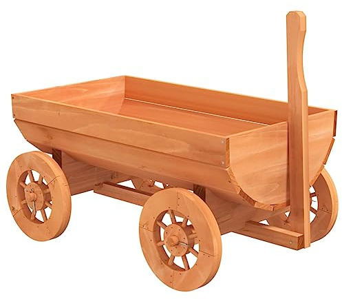 Carro decorativo de madera maciza de abeto 70 x 43 x 54 cm con 21 L de capacidad, carro de jardín de madera con ruedas y asa para plantas, flores, jardinería y transporte al aire libre