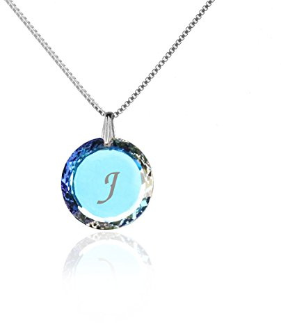 Individuelle Damen Halskette 925 Sterling Silber erstellt mit Swarovski Elements Anhänger Blue AB und Gravur J als Geschenk Muttertagsgeschenk Geburtstagsgeschenk für die Frau oder Freundin