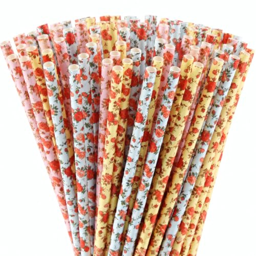 ALINK Floral Paper Straws, Biodegradable Disposable Flower Straws for Bridal/Baby Shower, Wedding, Shabby Chic/Vintage Tea Party, Birthday, Events and Christmas Decorations