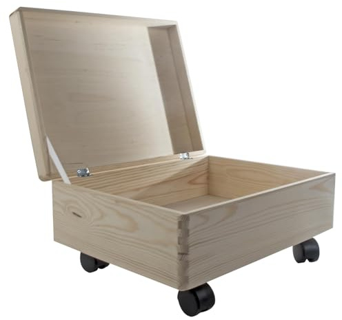 WooDeeDoo Large Shallow Wooden Storage Box on Wheels – Hinged Lid Pine Chest to Decorate – Underbed 12L Crate for Crafts Keepsakes Memorabilia – Unfinished Wood – 40 x 30 x 19 cm