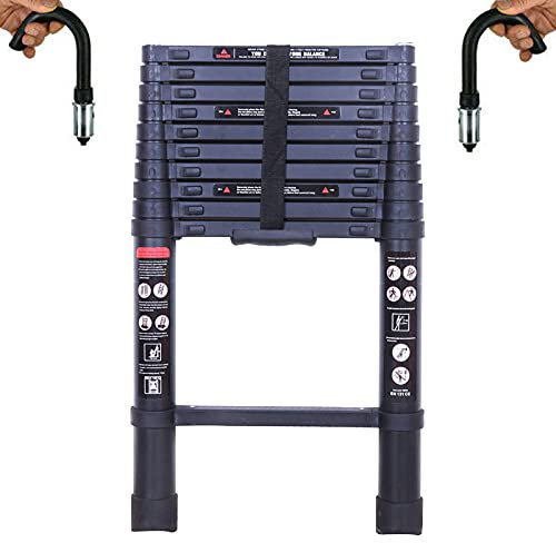 Teleskopleiter aus Aluminium, 3,2 m, Schwarze Verlängerung, DIY-Wohnmobilleitern mit abnehmbaren Haken, Tragfähigkeit 150 kg, EN131, zusammengeklappte Höhe 82 cm, tragbare kompakte Leitern