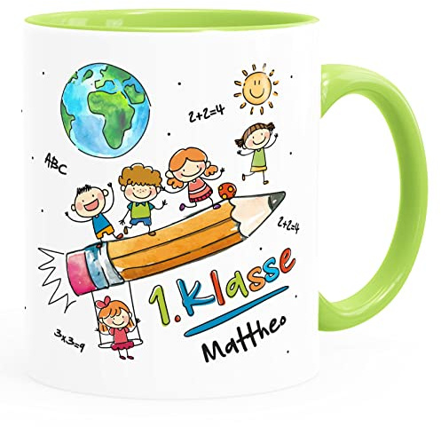 SpecialMe® Tasse Schulkind Geschenk Einschulung 1. Klasse personalisiert mit Namen Kindertasse aus Keramik für Jungen Mädchen weiss-innen-hellgruen standard