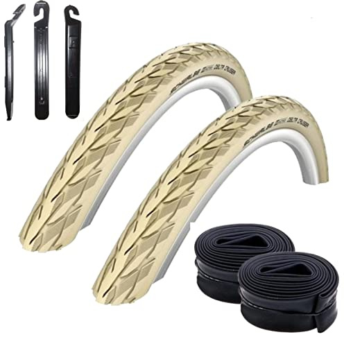 2 x Schwalbe Delta Cruiser Plus Fahrradreifen Decke in Creme mit Reflex 37-590 (26 x 1 3/8) + 2 Schwalbe Schläuche SV12 inkl. Reifenheber