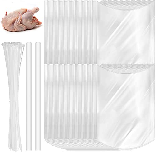 Teling 60 Pack Poultry Shrink Bags 14 x 18 Inch Clear Poultry Heat Shrink Wrap Large Chickens Duck Turkey Bags Freezer Safe with 2 Silicone Straw and 60 White Zip Ties for Food Meat Storage