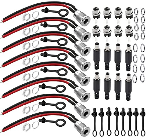 RUNCCI-YUN DC hohlstecker 5,5 MMX 2,1mm Mount Adapter Set,8xDCPower Jack Socket niedervolt steckverbinder(Mit Kabel) 8xhohlstecker 5,5 x 2,1, 8xDC mounting Connector, 16x Gummi Schutzklappen