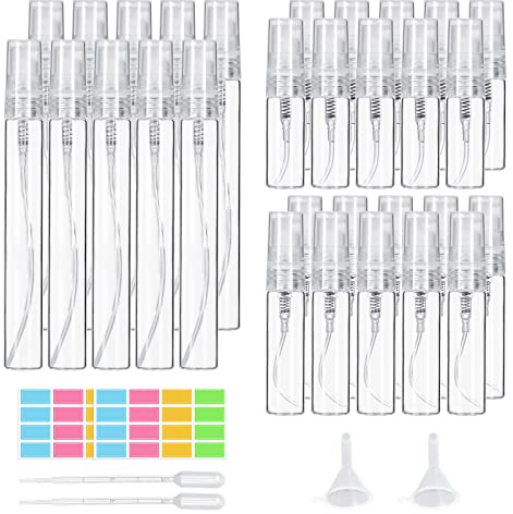 suruikei 30 Stück Parfumzerstäuber 3ml 5ml 10ml Glas, Mini Sprühflasche klein Zerstäuber Nachfüllbar mit Trichter Pipetten und Etikettenaufkleber, Parfüm Zerstäuber für Unterwegs (Transparent)