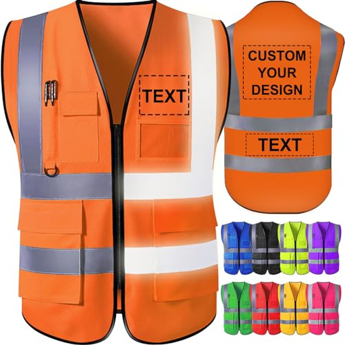 GBVllexuii Gilet de sécurité personnalisé pour hommes, avec poches avec Logo, gilets réfléchissants haute visibilité, vêtements de travail de sécurité pour la Construction