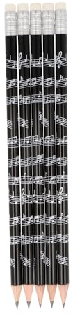 Musikboutique, Bleistifte mit Radiergummi, Notenlinien, schwarz oder weiß, 5er-Packung (Schwarz)