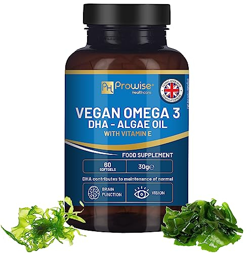 Prowise Vegan Omega-3 DHA aus Algenöl | 60 Softgelkapseln mit Vitamin E | 400mg DHA + 10mg Vitamin E | 100% pflanzlich | rein & nachhaltig angebaut