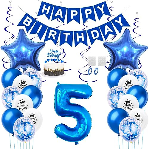Daimay 5. Geburtstag Dekorationen Blau Geburtstagsdeko Mann Frauen Happy Birthday Banner Konfetti Luftballons Nummer Folienballons Stern Mylar Ballon Tortendeko für 5 Jahre Geburtstagsdeko