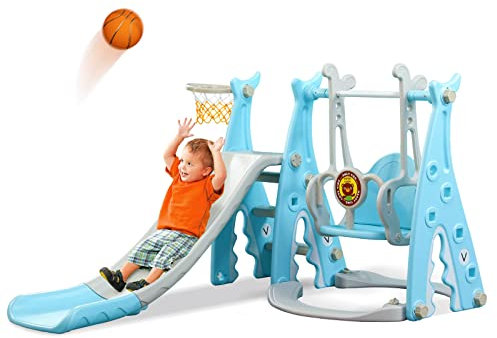 Toddlers Slide and Swing Set 4 in 1 Kids Freestanding Climber Slide Playset for Boys Girls with Basketball Hoop Extra Long Slide Easy Set Up Baby Playset (Blue)