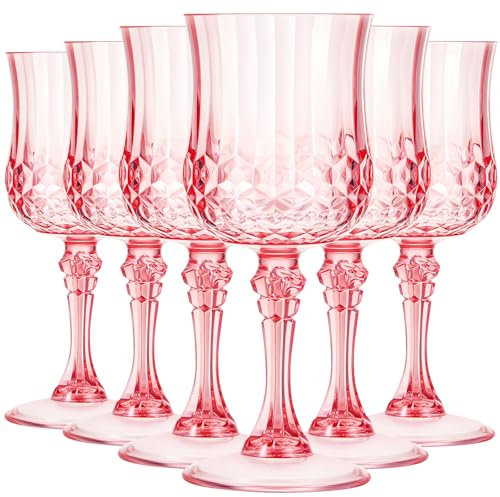 Pinkunn 6 bicchieri da vino in plastica vintage da 200 ml, riutilizzabili, colorati, con fantasia, lavabili in lavastoviglie, per Natale, matrimoni, ricevimenti, feste, forniture (rosa)