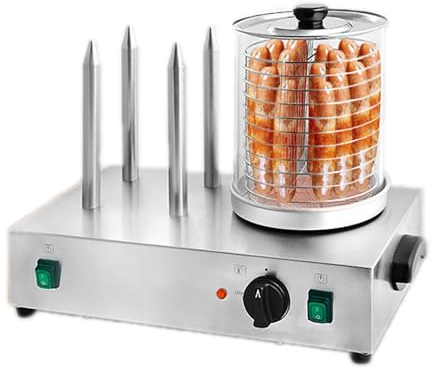 BDJSN Macchina per Salsicce Commerciale, Vaporiera Elettrica Professionale per Hot Dog da 600 W, Scaldasalsicce per Scaldapane in Acciaio Inossidabile, 4 Spiedini, Contenitore Termico Rimovibile