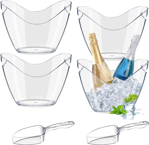6 Pcs Plastic Clear Ice Bucket with Ice Scoops, 4 L Acrylic Ice Tub Beer Bucket Beverage Tub for Parties, Chiller Bin for Wine Champagne or Beer, Barware Accessories