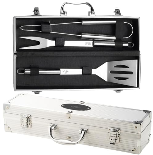 Set di utensili per barbecue ADLER – Valigetta professionale in alluminio, strumenti resistenti in acciaio inox
