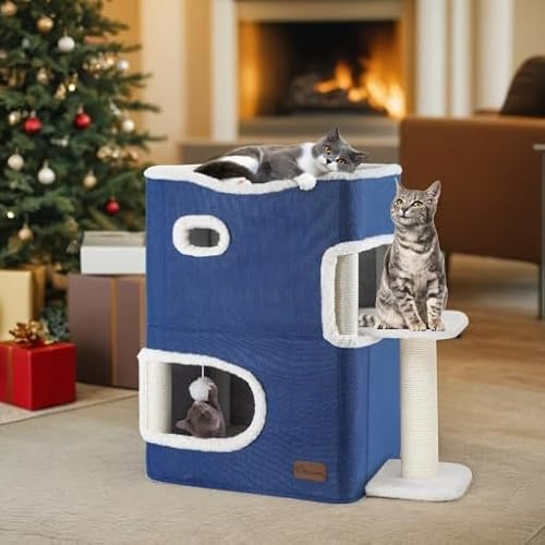 YITAHOME Cat Cave,Beds for Indoor, Cat House with Scratching Post & Ball & Platform, Bed, Basic Tree, Cute Tower,Furniture,Hideaway, Cat Condo (Blue)