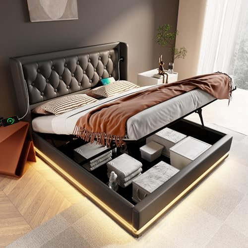 Merax Polsterbett 140x200cm, Doppelbett mit Stauraum und Lattenrost, LED Kopfteil mit USB C Ladefunktion, Hydraulisches Stauraumbett, Modern Funktionsbetten Bettgestell, Schwarz-PU, Ohne Matratze