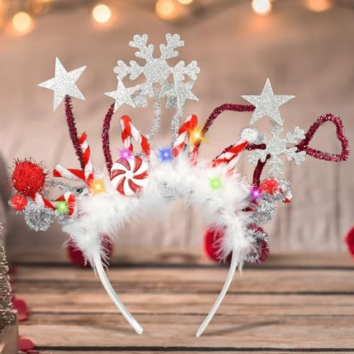 Mecctuck Weihnachts Kopfschmuck, Weihnachten Stirnbänder, Weihnachten Haarreif mit Leuchtende Feder Glitzernde Schneeflocken Stern, Weihnachts Haarschmuck für Mädchen Frauen Weihnachten Party Zubehör