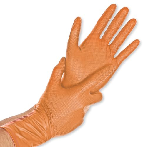 FRANZ MENSCH 50 Stück Nitrilhandschuhe Power Grip Long Extra | puderfrei, Packung, orange, 11/XXL, L: 30cm, Einmalhandschuhe, Gastronomiehandschuhe, Industriehandschuhe, Montagehandschuhe