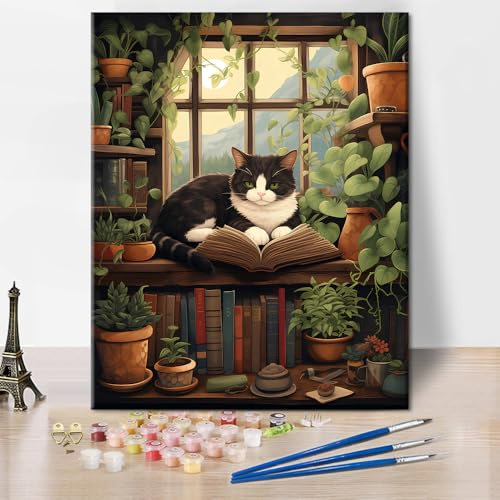 TISHIRON Schwarze Katze Farbe nach Zahlen, Katze Lesen ein Buch in einem Raum voller Pflanzen Farbe nach Zahlen für Kit Erwachsene DIY Ölgemälde Kit Einfache Malerei für Anfänger 16x20 Inch