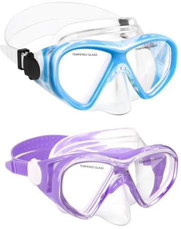 ACQCES Kids Swim Goggles Snorkel Diving Mask for Boys Girls Ages 5-15, Two-Color Anti-Fog Swimming Goggles with Nose Cover (2PCS Blue Blue&Purple)