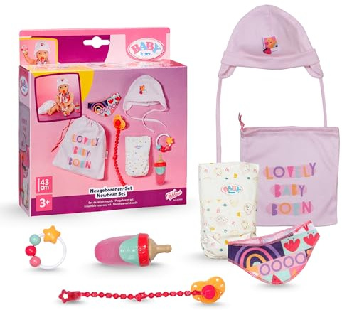 Baby Born Set Recién Nacido - Incluye Gorro, biberón, pañal, sonajero, Babero, Chupete & Cadena para Chupete - Compatible con Todas Las muñecas de 43 cm - Accesorio de muñeca