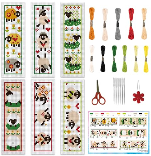 INFUNLY 6 Stück DIY Lamm Kreuzstich Lesezeichen Kits für Erwachsene Anfänger 6,1 x 20,1 cm Schaf, gestempelt, Stickerei-Lesezeichen-Set mit Anleitung (evtl. nicht in deutscher Sprache), gedrucktes