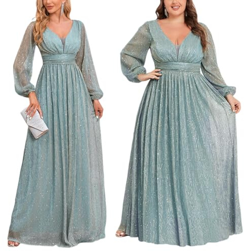 ORANDESIGNE Ballkleider Damen Lang Abendkleider Elegant für Hochzeit Brautjungfernkleider Pailletten Kleid Trauzeugin Kleid Chiffon Abendkleid Lang Festkleider Brautkleid Langarm A Grün XL