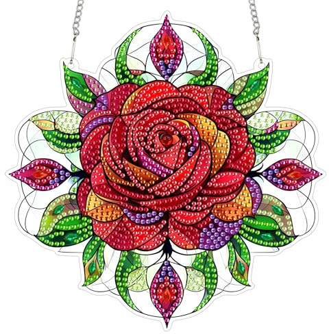 Bimkole Diamond Painting Anhänger Rose, Hängende Diamantkunst Diamant Malsets, Diamond Painting Kit Blume, 5D Diamond Painting für Fenster Wand und Eingang Decor 20x20 cm
