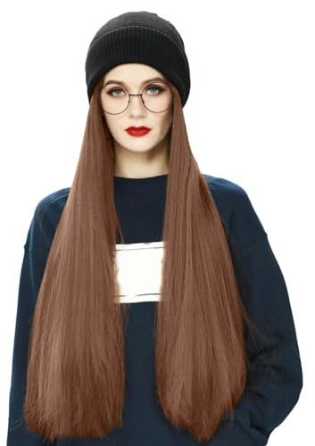Mütze, Perücke, gestrickt, mit Langer, gerader Perücke, abnehmbare warme Mütze für den Winter, verdickte kalte Mütze Babymütze Junge Winter (B, One Size)