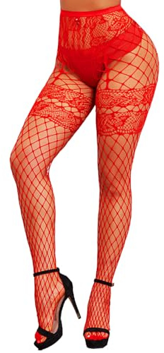 Aucute Damen Floral Spitze Breite Netzstrümpfe, Sexy Faux Strumpfhose Leggings, High Waist Mesh Dessous Strumpfhose Rot